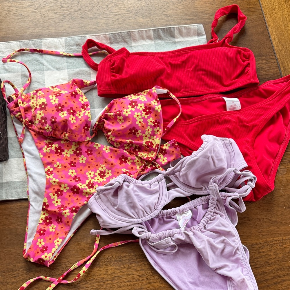 Floral and Solid Bikini Set